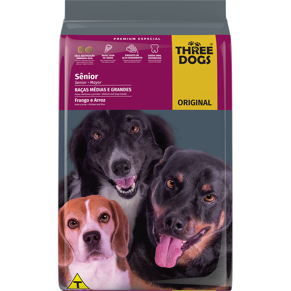 RAÇÃO THREE DOGS ORIGINAL FRANGO E ARROZ CÃES SÊNIOR RAÇAS MÉDIAS E GRANDES 15KG