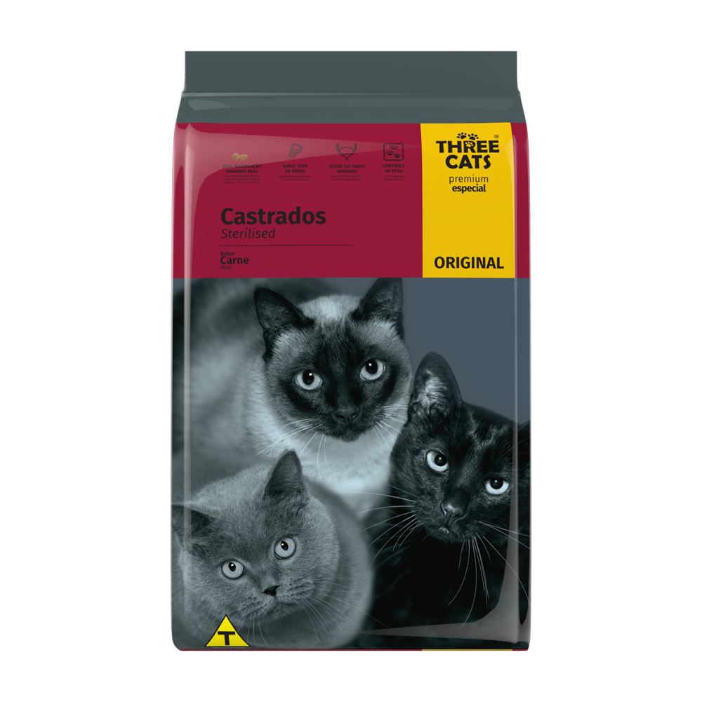 RAÇÃO THREE CATS ORIGINAL CARNE GATOS ADULTOS CASTRADOS 10,1KG