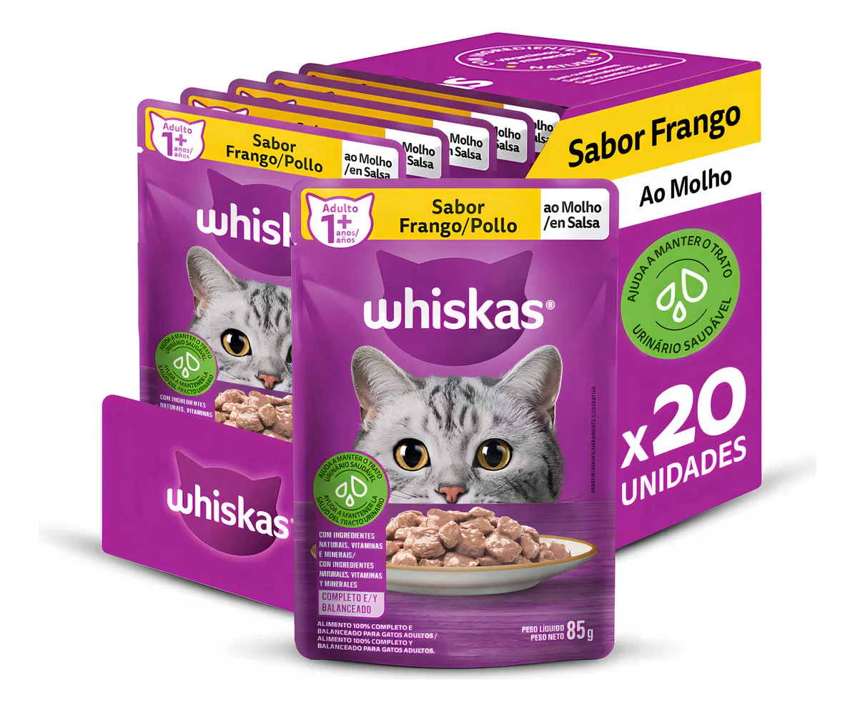 RAÇÃO ÚMIDA WHISKAS SACHÊ FRANGO AO MOLHO PARA GATOS ADULTOS 85G LEVE 20 PAGUE 16