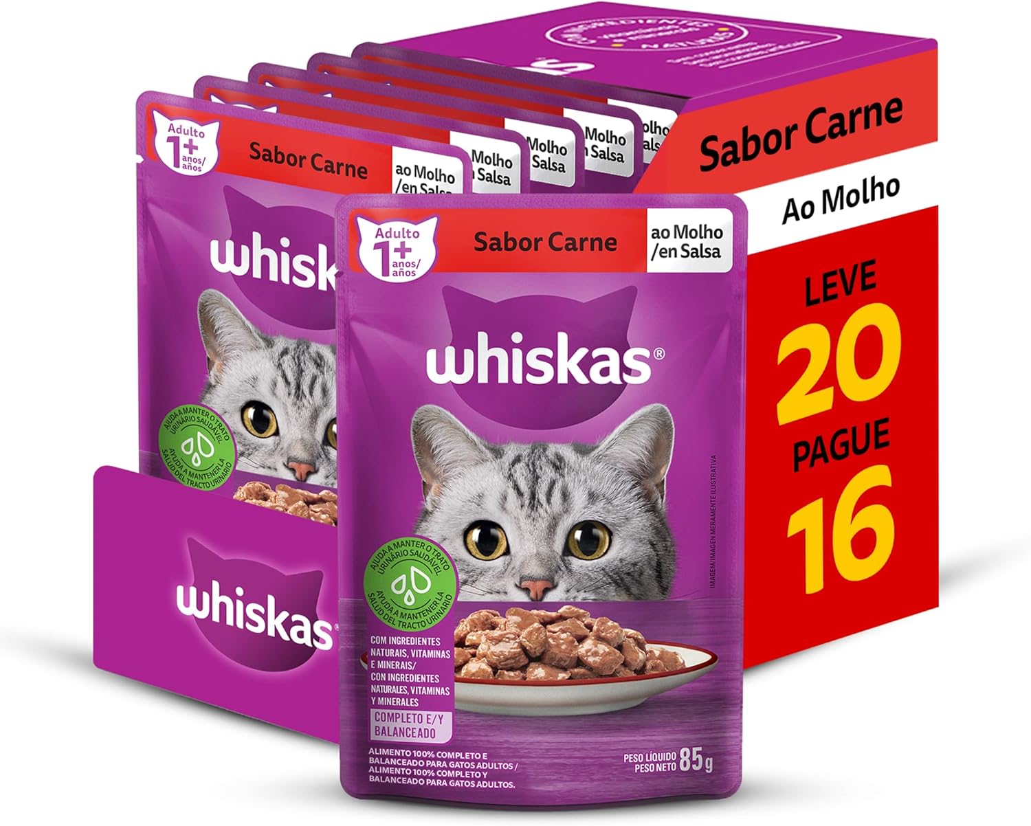 RAÇÃO ÚMIDA WHISKAS CARNE AO MOLHO 85G LEVE 20 PAGUE 16