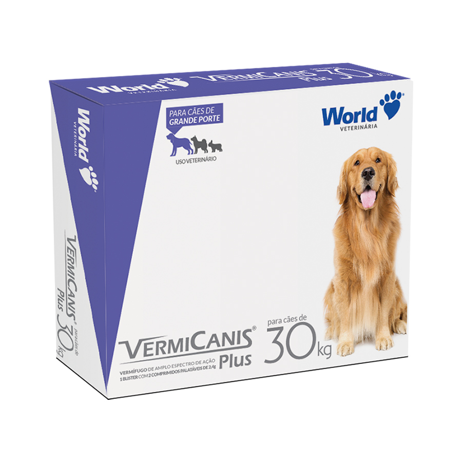 VERMÍFUGO PARA CÃES DE ATÉ 30KG VERMICANIS PLUS 2,4G 2 COMPRIMIDOS - WORLD VETERINÁRIA