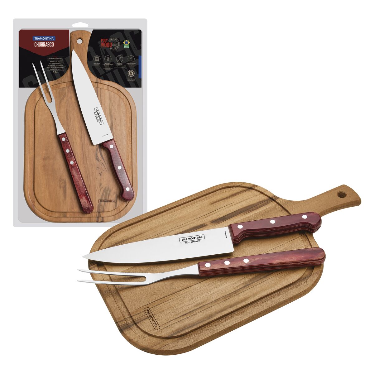 KIT PARA CHURRASCO TRAMONTINA COM LÂMINAS EM AÇO INOX E CABO POLYWOOD VERMELHO COM TÁBUA DE MADEIRA 3 PEÇAS - 21198714