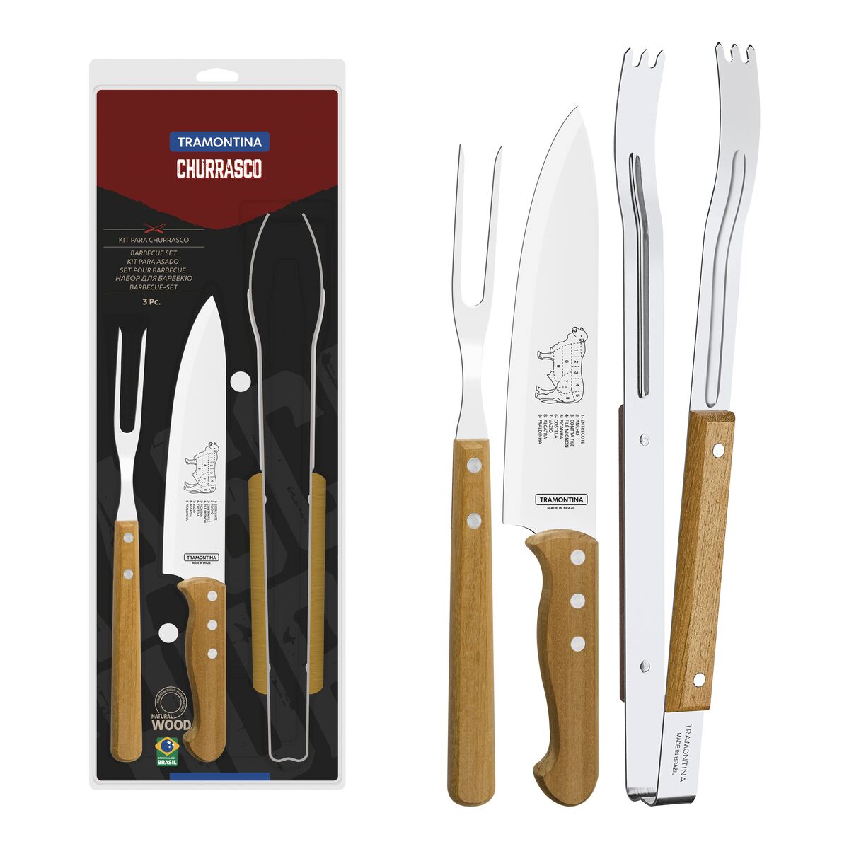 JOGO PARA CHURRASCO TRAMONTINA COM LÂMINA EM AÇO INOX E CABOS DE MADEIRA NATURAL 3 PEÇAS -  22399075