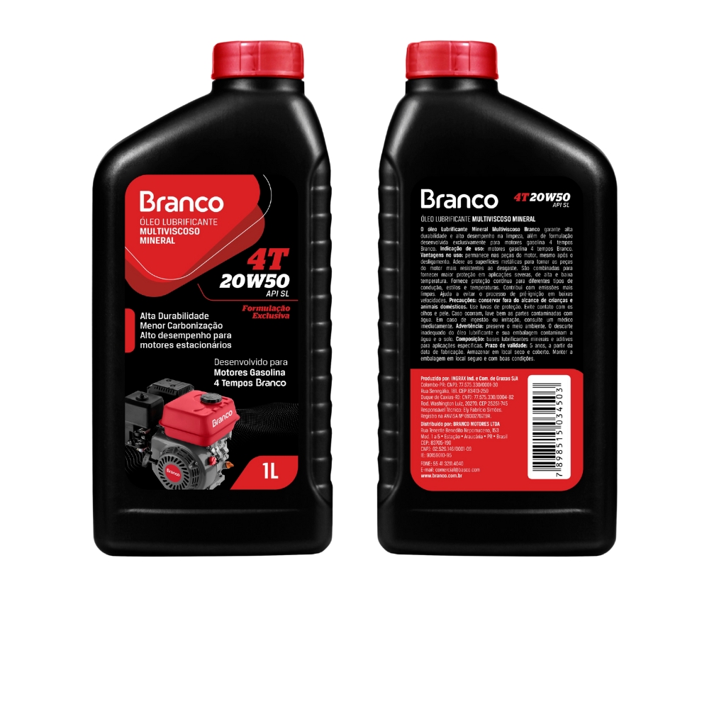 ÓLEO LUBRIFICANTE MULTIVISCOSO MINERAL 20W50 4 TEMPOS 1L - BRANCO
