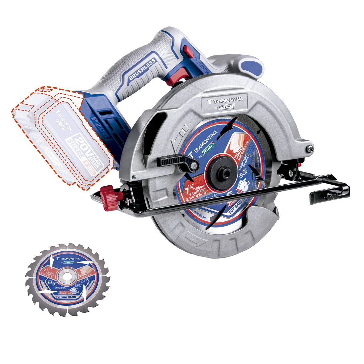 SERRA CIRCULAR 20V 7-1/4” (185 MM) 0-4800 RPM BRUSHLESS TRAMONTINA BY TOTAL - 42309003