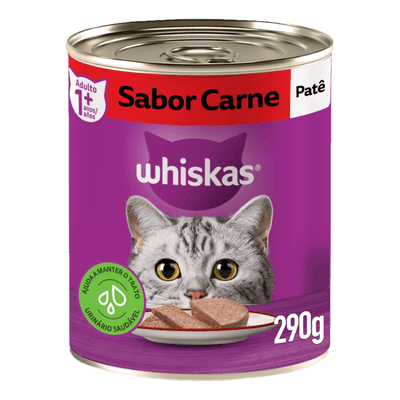 RAÇÃO ÚMIDA WHISKAS LATA PATÊ DE CARNE PARA GATOS ADULTOS 290G