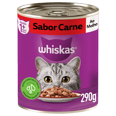 RAÇÃO ÚMIDA WHISKAS LATA CARNE AO MOLHO PARA GATOS ADULTOS 290G