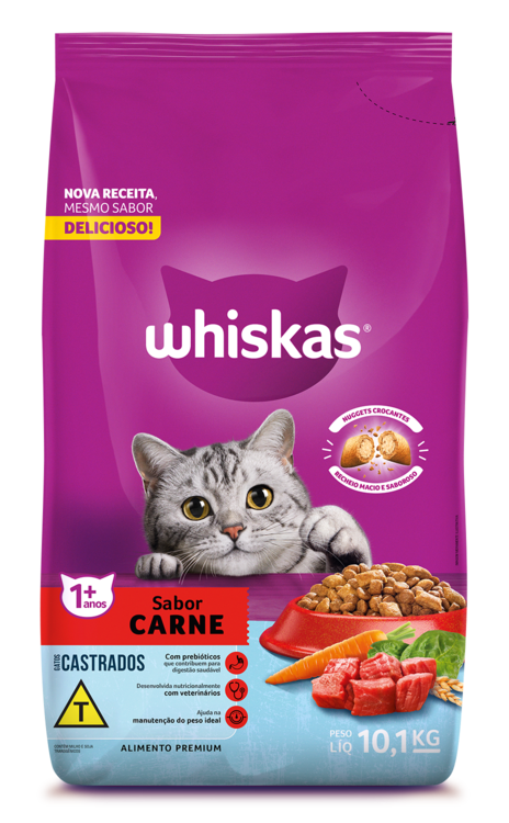 RAÇÃO WHISKAS CARNE GATOS ADULTOS CASTRADOS 10,1KG