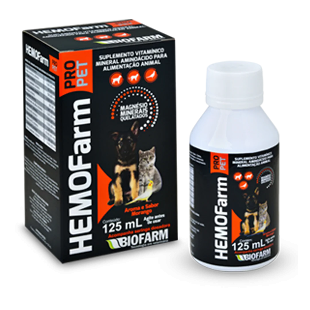 SUPLEMENTO VITAMÍNICO MINERAL AMINOÁCIDOS PARA ALIMENTAÇÃO ANIMAL PARA CÃES E GATOS HEMOFARM PRO 125ML - BIOFARM