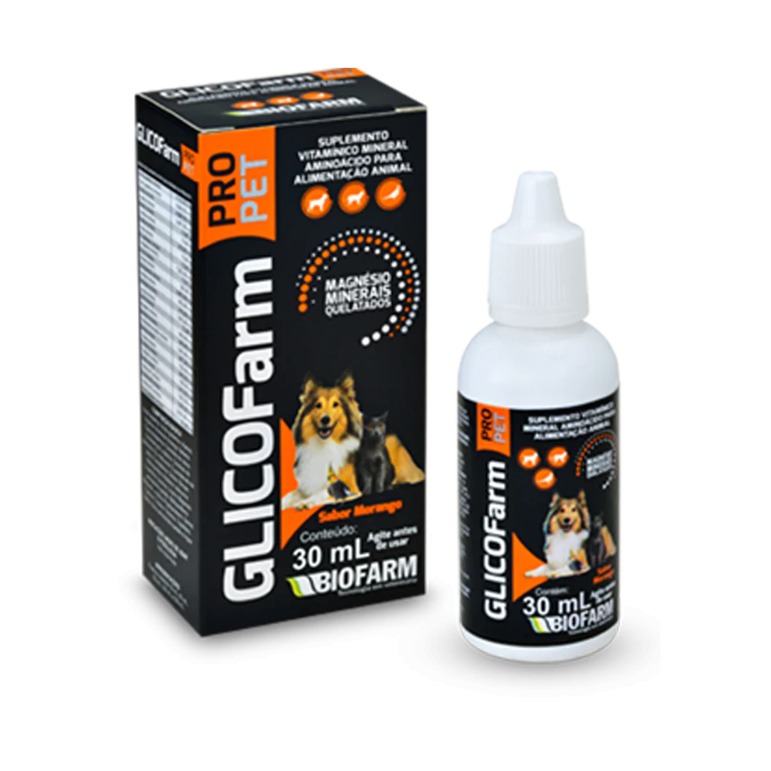 SUPLEMENTO VITAMÍNICO MINERAL AMINOÁCIDOS PARA ALIMENTAÇÃO ANIMAL PARA CÃES E GATOS GLICOFARM PRO 30ML - BIOFARM