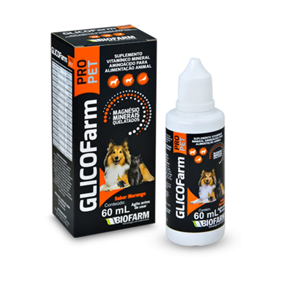 SUPLEMENTO VITAMÍNICO MINERAL AMINOÁCIDOS PARA ALIMENTAÇÃO ANIMAL PARA CÃES E GATOS GLICOFARM PRO 60ML - BIOFARM