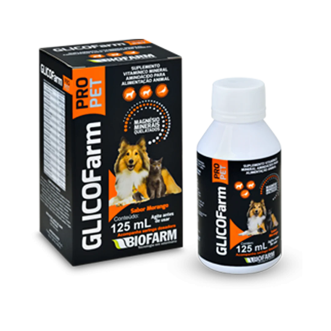 SUPLEMENTO VITAMÍNICO MINERAL AMINOÁCIDOS PARA ALIMENTAÇÃO ANIMAL PARA CÃES E GATOS GLICOFARM PRO 125ML - BIOFARM