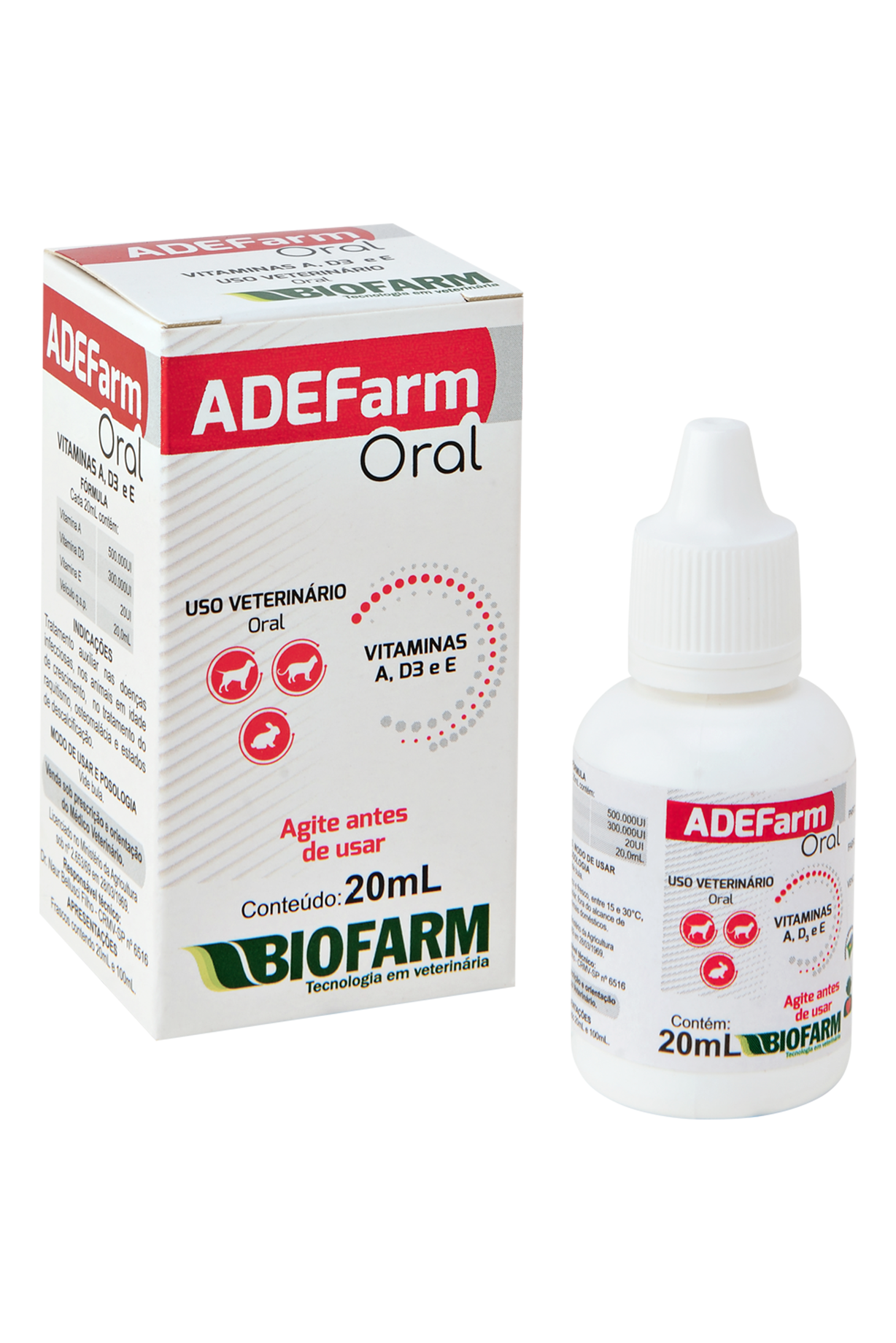 VITAMINAS A, D3 E E ADE FARM 20ML USO ORAL PARA CÃES E GATOS - BIOFARM