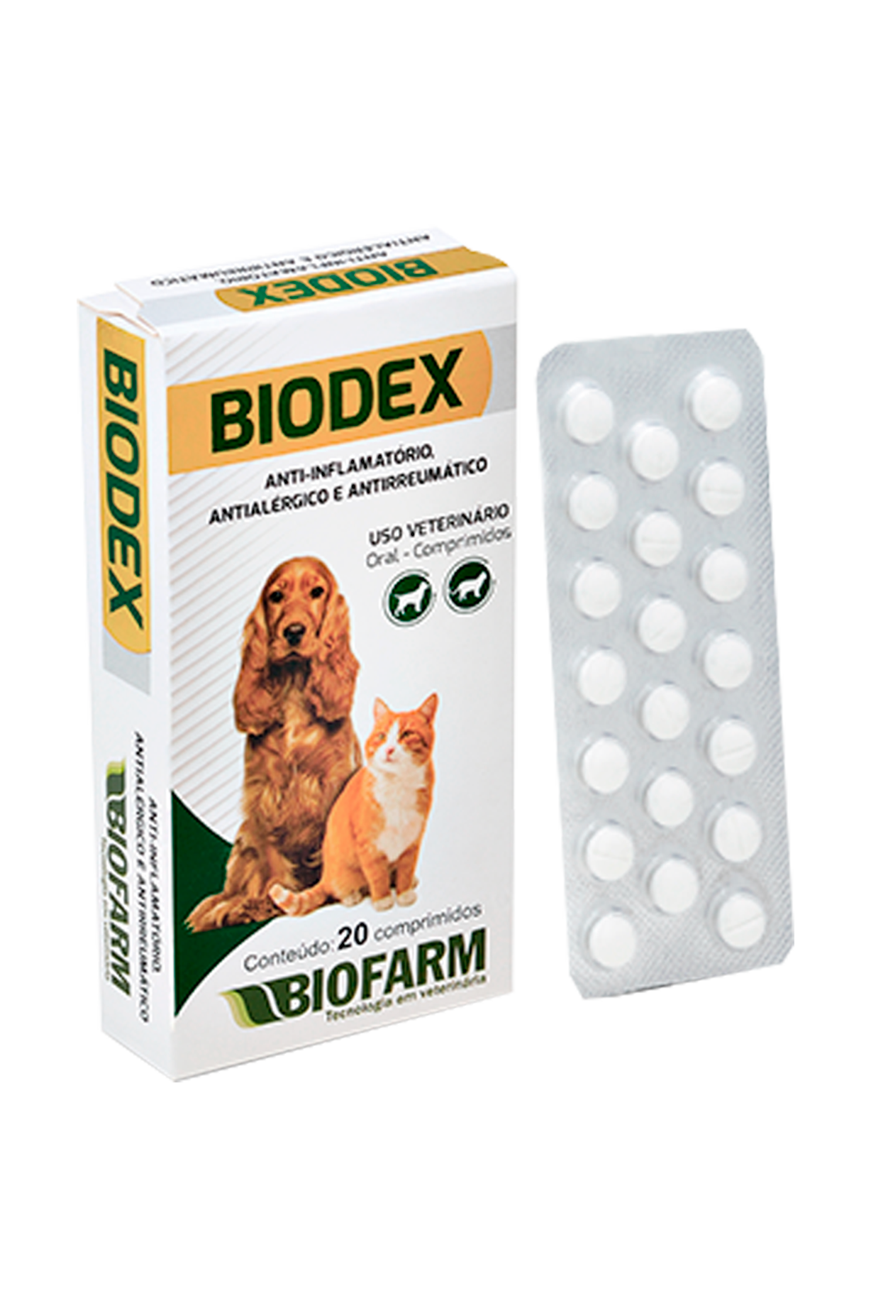 ANTIINFLAMATÓRIO, ANTIALÉRGICO E ANTIRREUMÁTICO BIODEX 20 COMPRIMIDOS PARA CÃES E GATOS - BIOFARM